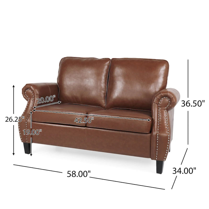 Divanetto a 2 posti in similpelle marrone scuro / cognac / nero con borchie