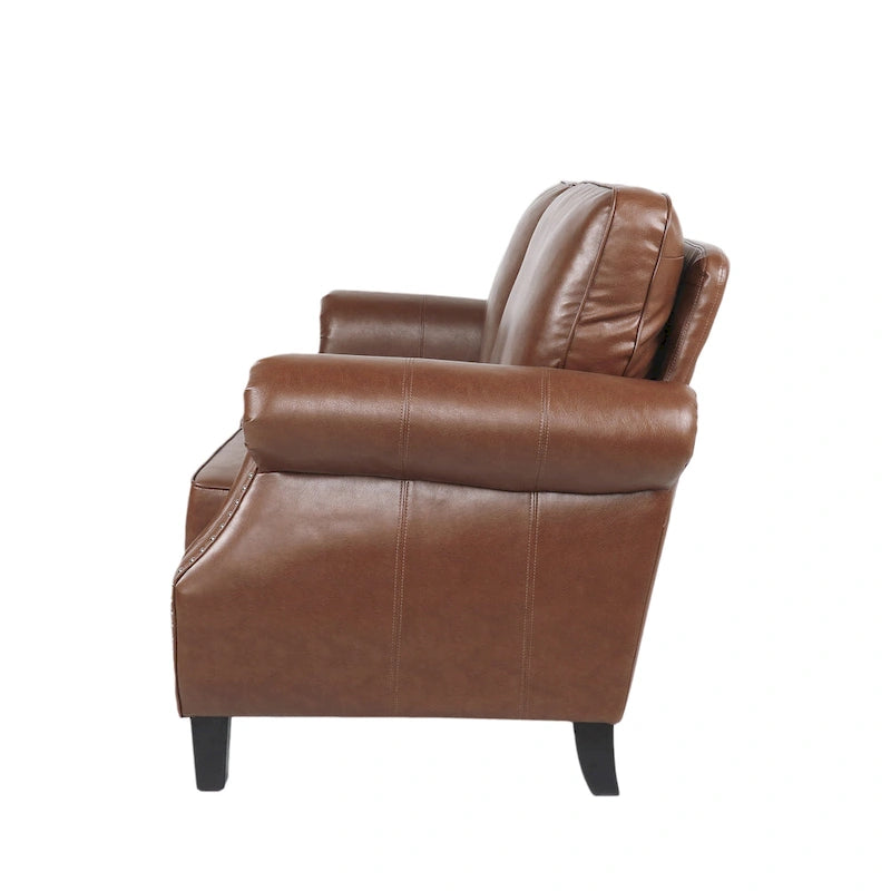 Divanetto a 2 posti in similpelle marrone scuro / cognac / nero con borchie