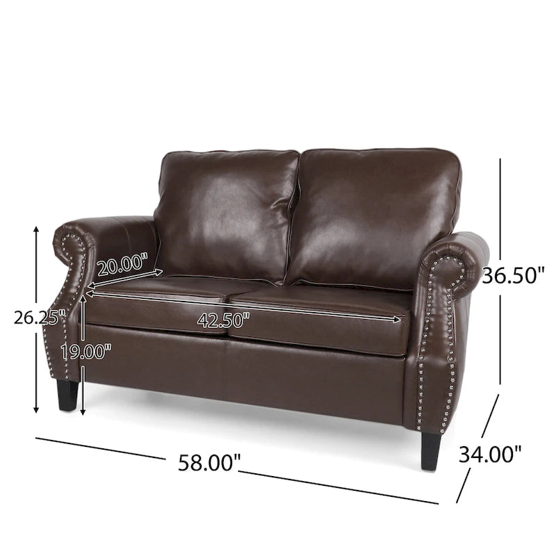 Divanetto a 2 posti in similpelle marrone scuro / cognac / nero con borchie