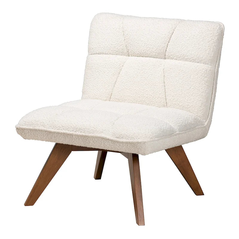 Poltrona accent Japandi in bouclé bianco con gambe in noce, singola