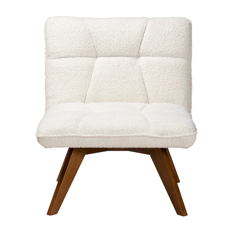 Poltrona accent Japandi in bouclé bianco con gambe in noce, singola
