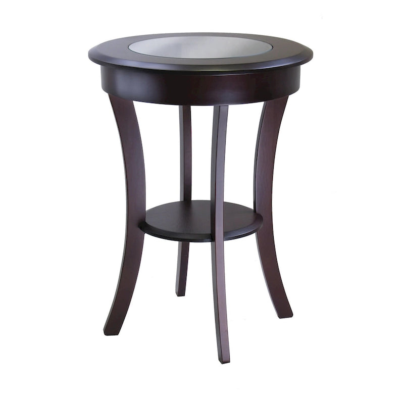 Tavolino Rotondo Marrone, Piano in Vetro e Gambe Curve, 1 Posto