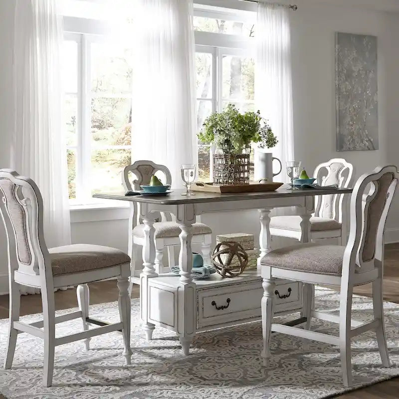 Set tavolo da raduno da 5 persone altezza bancone, colore bianco antico effetto invecchiato, modello "Weathered Bark"