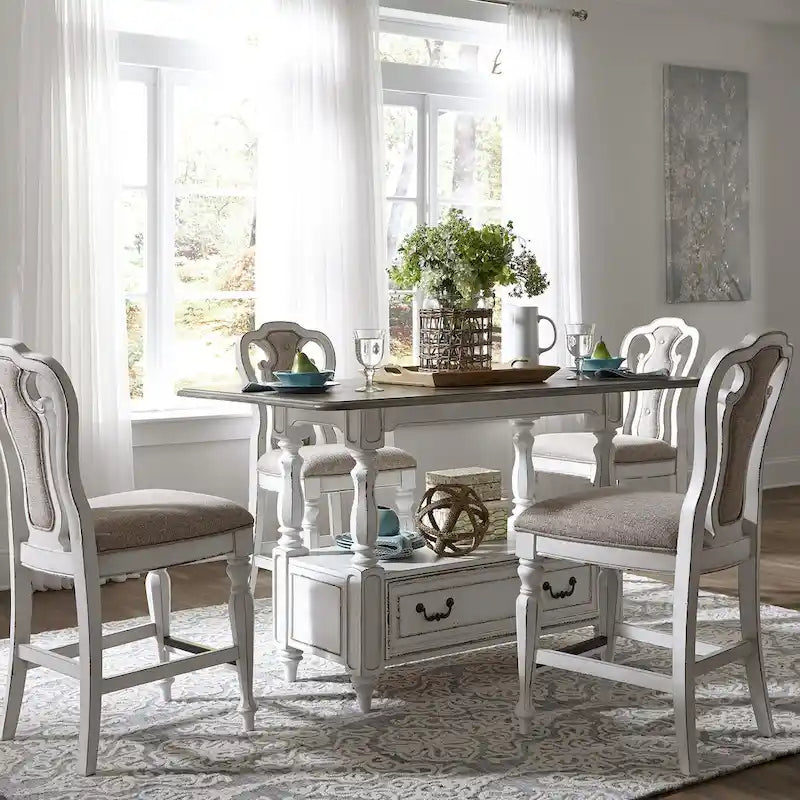 Set tavolo da raduno da 5 persone altezza bancone, colore bianco antico effetto invecchiato, modello "Weathered Bark"