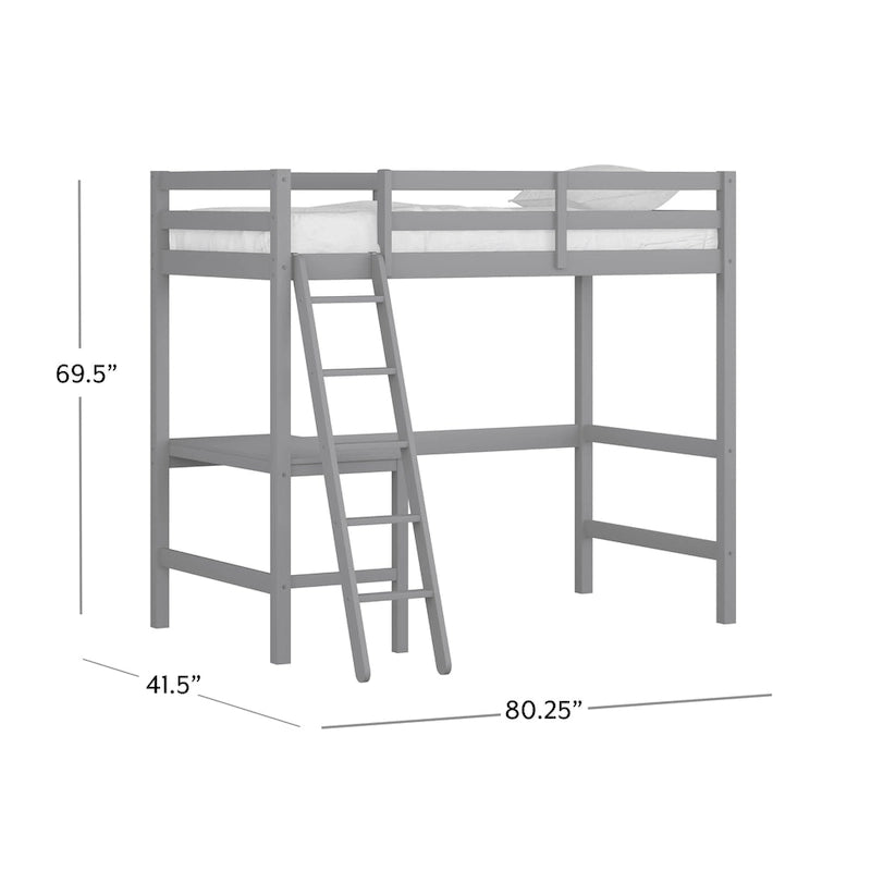 Letto a soppalco singolo in legno con scrivania, stile a doghe, blu navy / rosa tenue / grigio / bianco / cioccolato, 1 persona