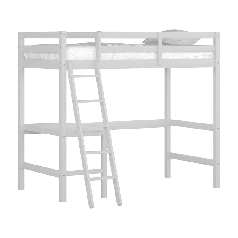 Letto a soppalco singolo in legno con scrivania, stile a doghe, blu navy / rosa tenue / grigio / bianco / cioccolato, 1 persona
