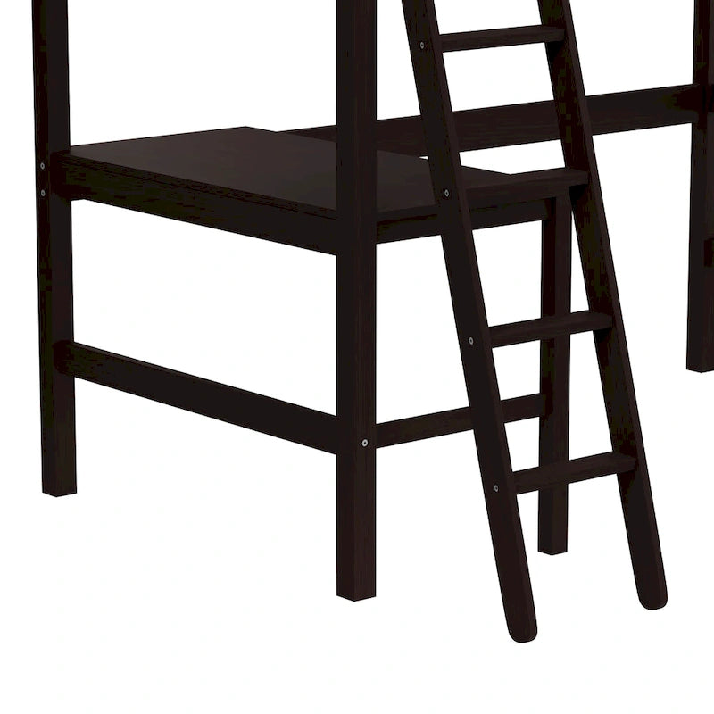 Letto a soppalco singolo in legno con scrivania, stile a doghe, blu navy / rosa tenue / grigio / bianco / cioccolato, 1 persona