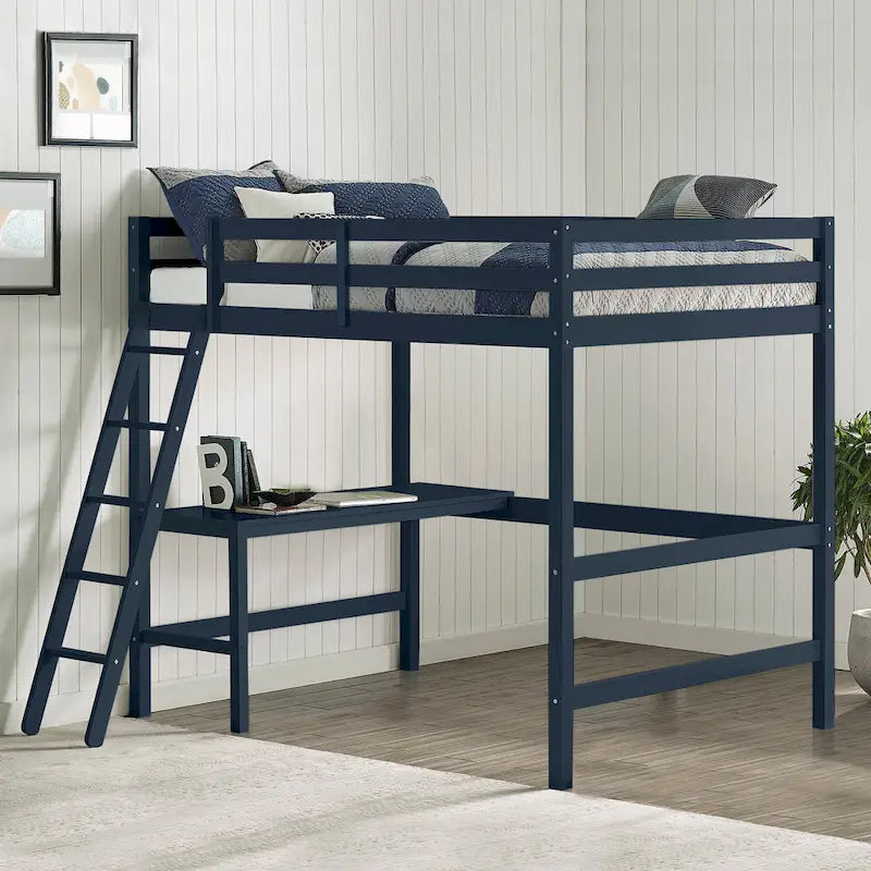 Letto a soppalco singolo in legno con scrivania, stile a doghe, blu navy / rosa tenue / grigio / bianco / cioccolato, 1 persona