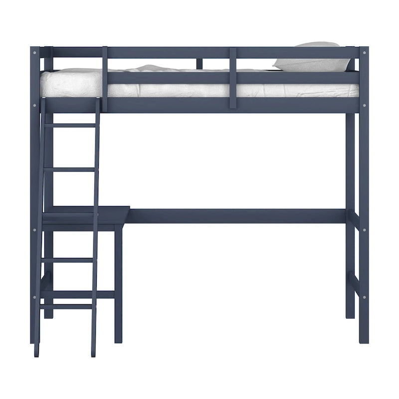 Letto a soppalco singolo in legno con scrivania, stile a doghe, blu navy / rosa tenue / grigio / bianco / cioccolato, 1 persona