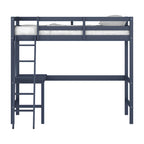 Letto a soppalco singolo in legno con scrivania, stile a doghe, blu navy / rosa tenue / grigio / bianco / cioccolato, 1 persona