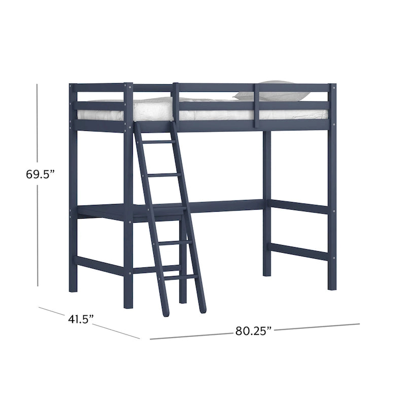 Letto a soppalco singolo in legno con scrivania, stile a doghe, blu navy / rosa tenue / grigio / bianco / cioccolato, 1 persona