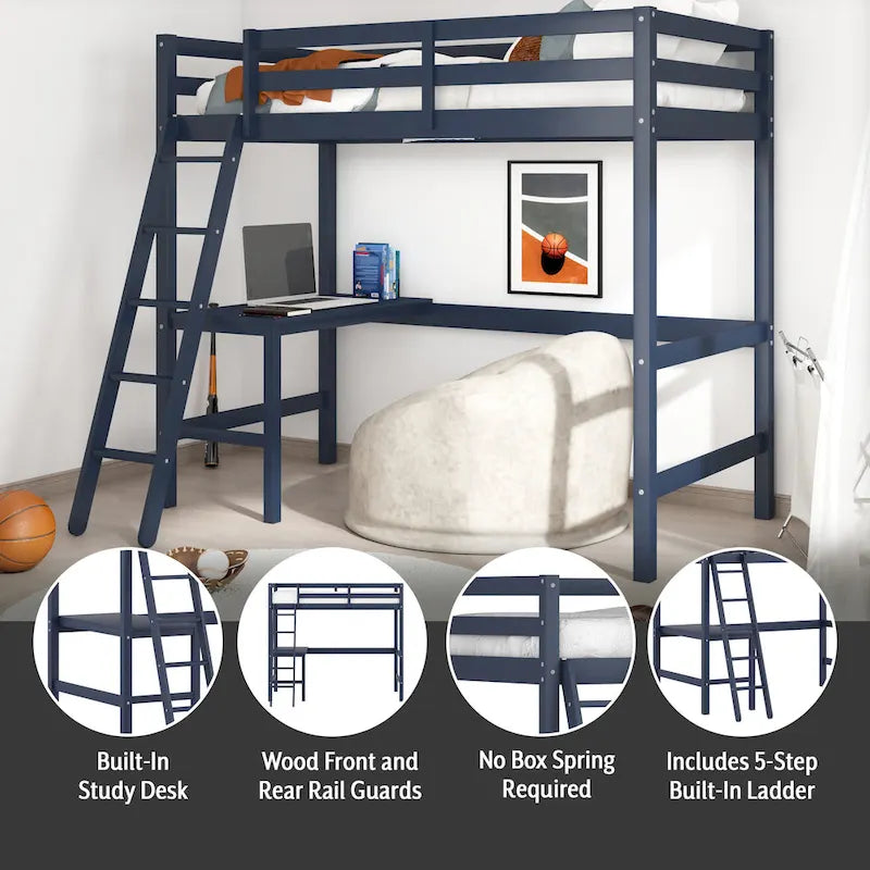 Letto a soppalco singolo in legno con scrivania, stile a doghe, blu navy / rosa tenue / grigio / bianco / cioccolato, 1 persona