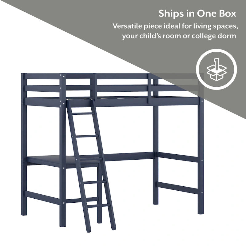Letto a soppalco singolo in legno con scrivania, stile a doghe, blu navy / rosa tenue / grigio / bianco / cioccolato, 1 persona