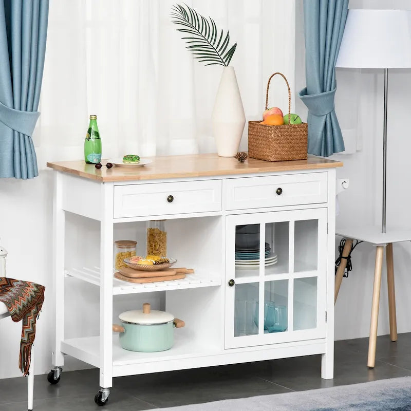 Carrello da cucina su ruote bianco/grigio con 2 cassetti, armadietto e ripiani aperti, per 1