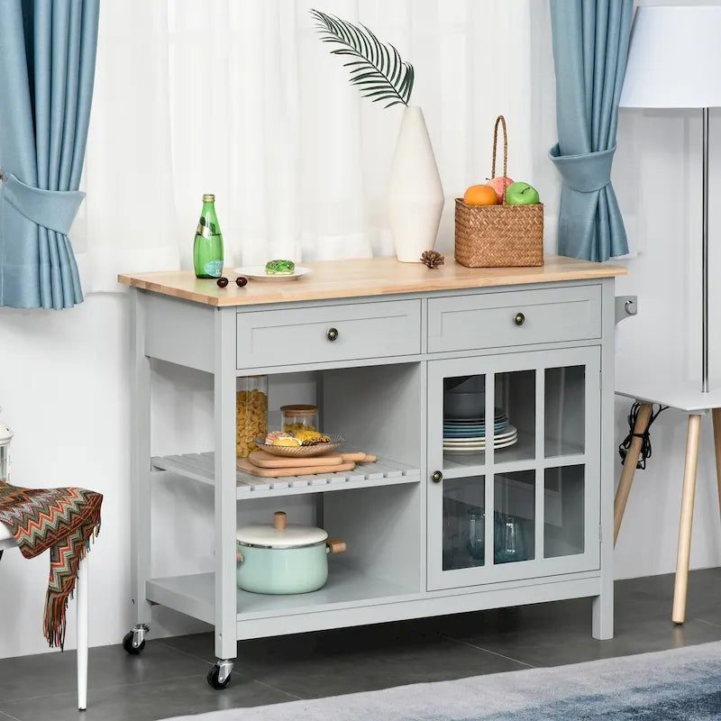 Carrello da cucina su ruote bianco/grigio con 2 cassetti, armadietto e ripiani aperti, per 1