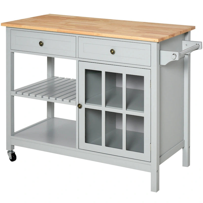 Carrello da cucina su ruote bianco/grigio con 2 cassetti, armadietto e ripiani aperti, per 1