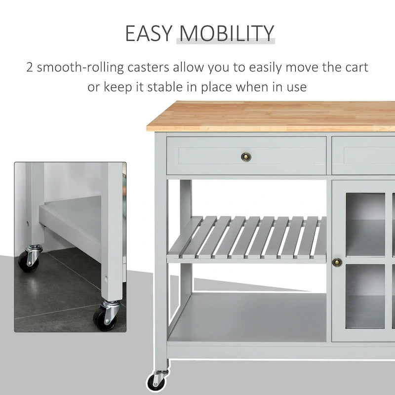 Carrello da cucina su ruote bianco/grigio con 2 cassetti, armadietto e ripiani aperti, per 1