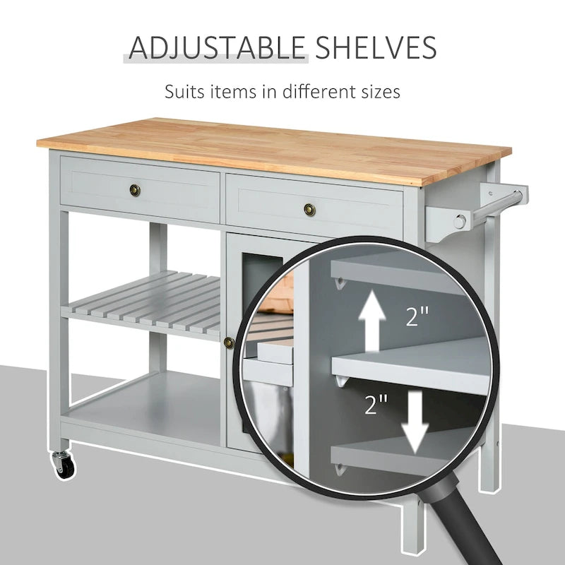 Carrello da cucina su ruote bianco/grigio con 2 cassetti, armadietto e ripiani aperti, per 1