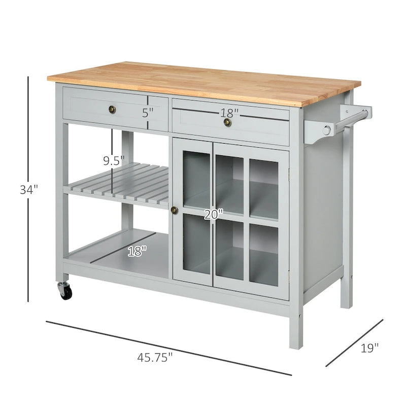 Carrello da cucina su ruote bianco/grigio con 2 cassetti, armadietto e ripiani aperti, per 1