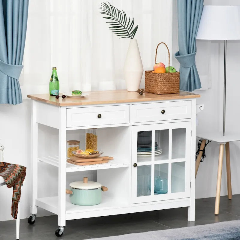 Carrello da cucina su ruote bianco/grigio con 2 cassetti, armadietto e ripiani aperti, per 1