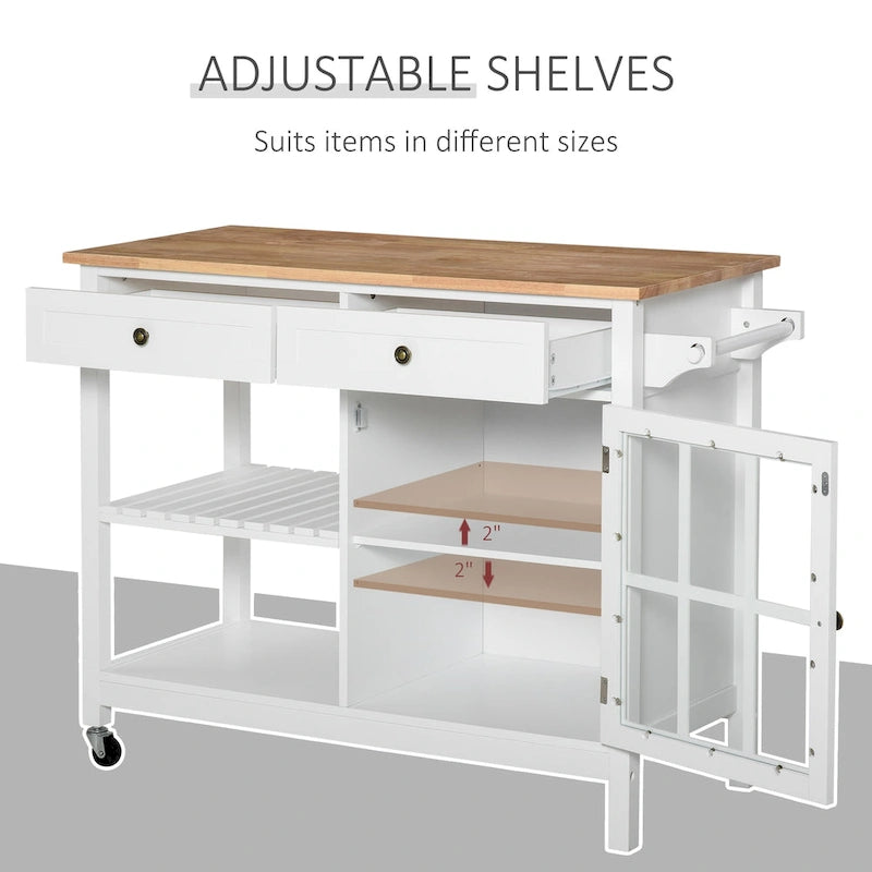Carrello da cucina su ruote bianco/grigio con 2 cassetti, armadietto e ripiani aperti, per 1