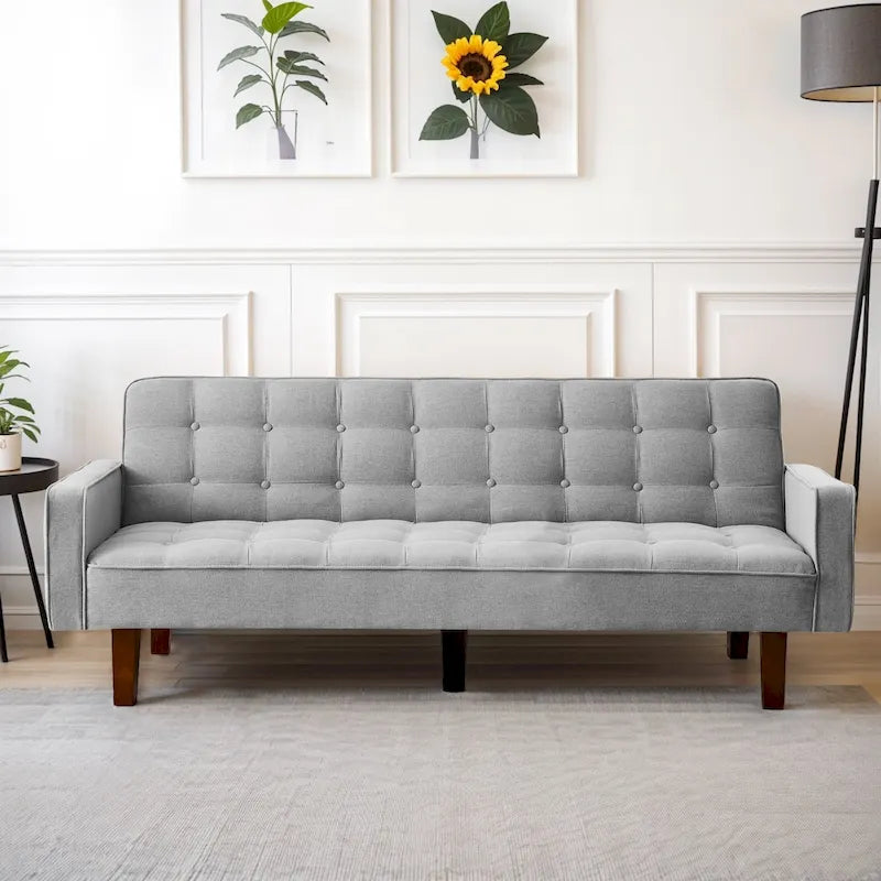 Divano Letto Futon Convertibile Grigio/Verde/Giallo/Blu/Beige con Braccioli, 1-2 Posti