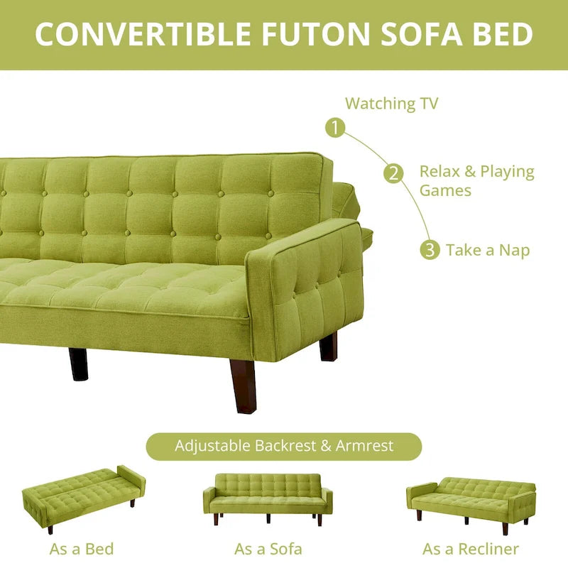 Divano Letto Futon Convertibile Grigio/Verde/Giallo/Blu/Beige con Braccioli, 1-2 Posti