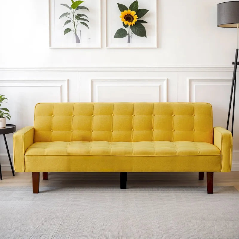 Divano Letto Futon Convertibile Grigio/Verde/Giallo/Blu/Beige con Braccioli, 1-2 Posti