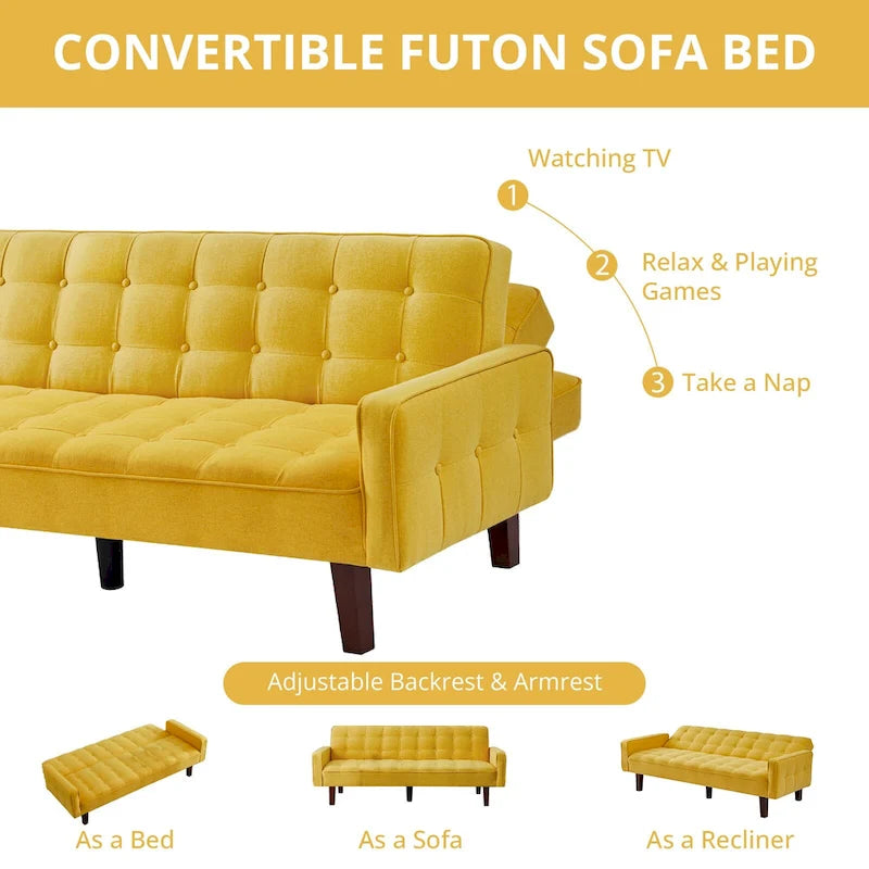 Divano Letto Futon Convertibile Grigio/Verde/Giallo/Blu/Beige con Braccioli, 1-2 Posti