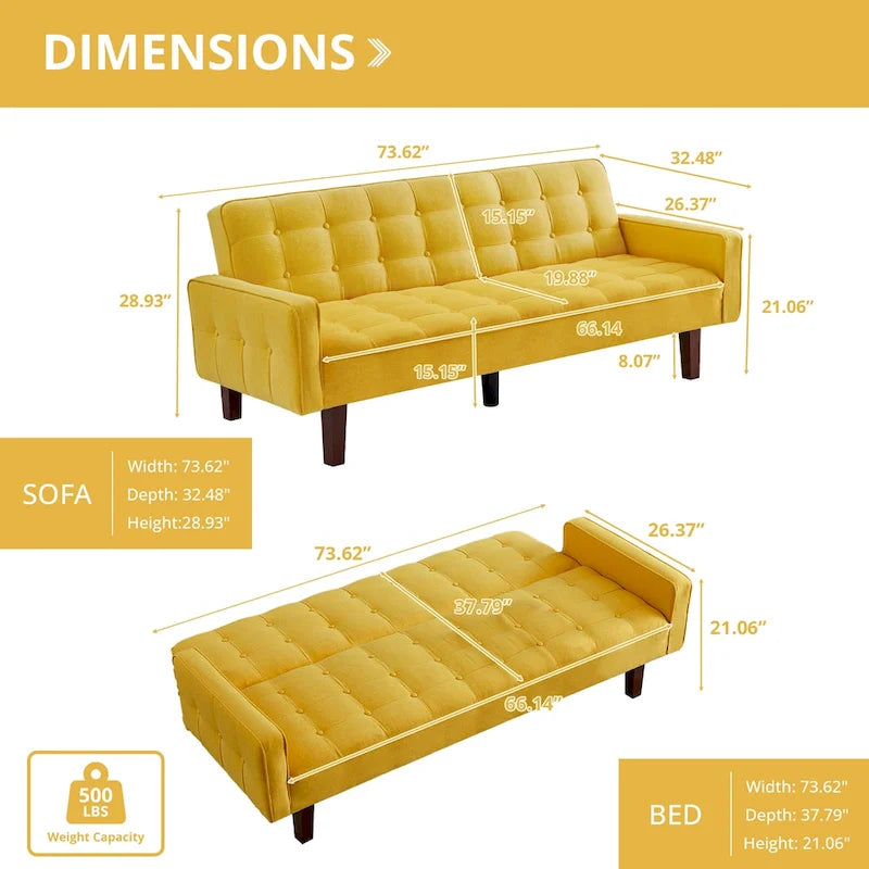 Divano Letto Futon Convertibile Grigio/Verde/Giallo/Blu/Beige con Braccioli, 1-2 Posti