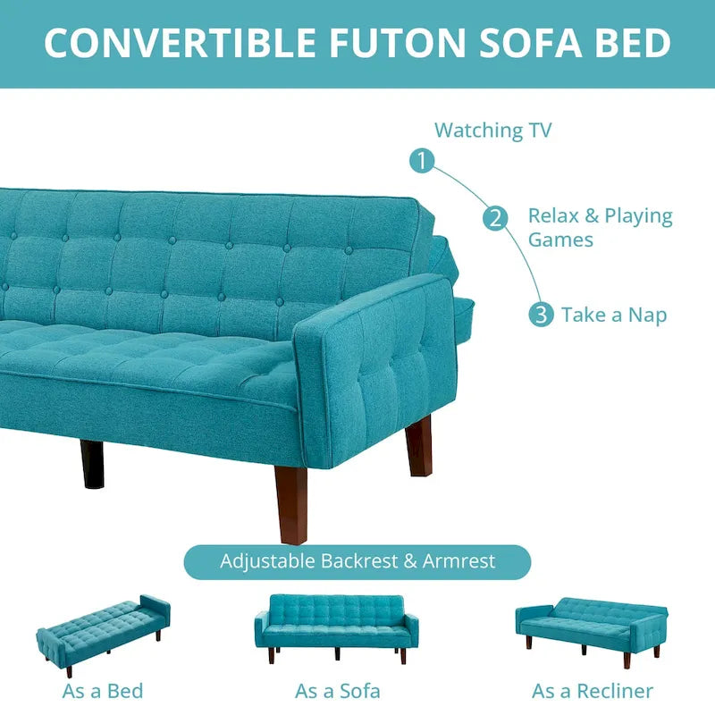 Divano Letto Futon Convertibile Grigio/Verde/Giallo/Blu/Beige con Braccioli, 1-2 Posti