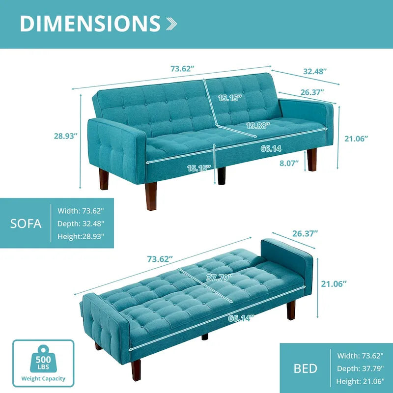 Divano Letto Futon Convertibile Grigio/Verde/Giallo/Blu/Beige con Braccioli, 1-2 Posti