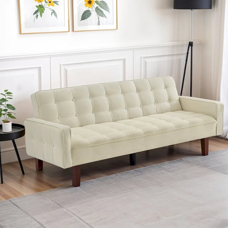 Divano Letto Futon Convertibile Grigio/Verde/Giallo/Blu/Beige con Braccioli, 1-2 Posti
