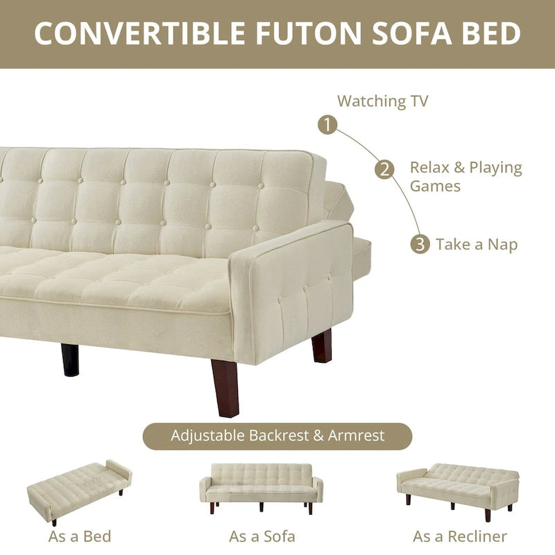 Divano Letto Futon Convertibile Grigio/Verde/Giallo/Blu/Beige con Braccioli, 1-2 Posti