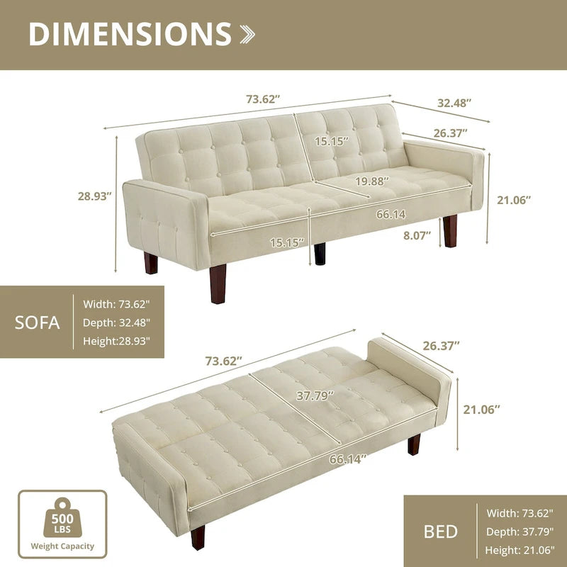 Divano Letto Futon Convertibile Grigio/Verde/Giallo/Blu/Beige con Braccioli, 1-2 Posti