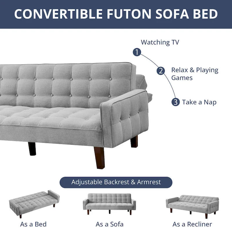 Divano Letto Futon Convertibile Grigio/Verde/Giallo/Blu/Beige con Braccioli, 1-2 Posti