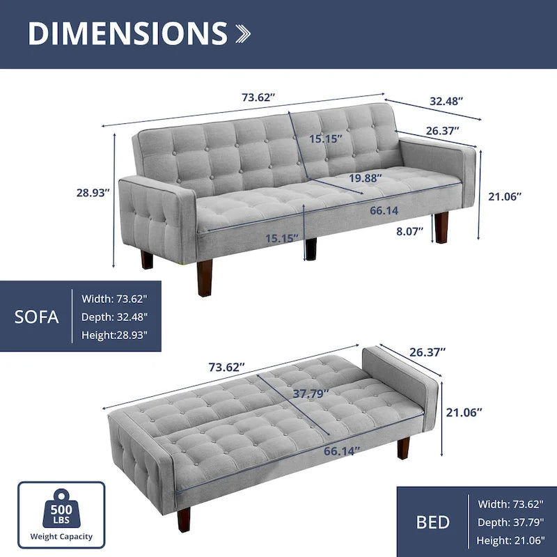Divano Letto Futon Convertibile Grigio/Verde/Giallo/Blu/Beige con Braccioli, 1-2 Posti