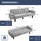 Divano Letto Futon Convertibile Grigio/Verde/Giallo/Blu/Beige con Braccioli, 1-2 Posti