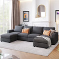 Divano componibile a U grigio/beige con 2 pouf rimovibili, 6 posti a sedere