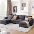 Divano componibile a U grigio/beige con 2 pouf rimovibili, 6 posti a sedere