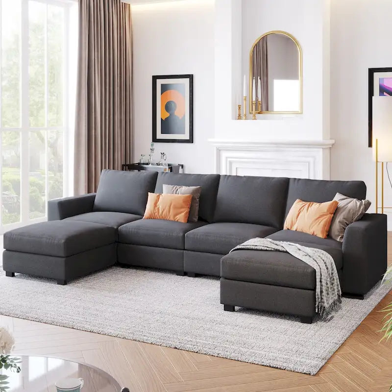 Divano componibile a U grigio/beige con 2 pouf rimovibili, 6 posti a sedere