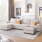 Divano componibile a U grigio/beige con 2 pouf rimovibili, 6 posti a sedere