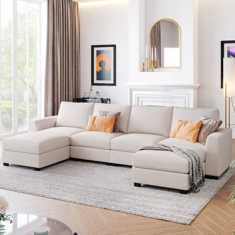 Divano componibile a U grigio/beige con 2 pouf rimovibili, 6 posti a sedere