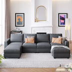 Divano componibile a U grigio/beige con 2 pouf rimovibili, 6 posti a sedere