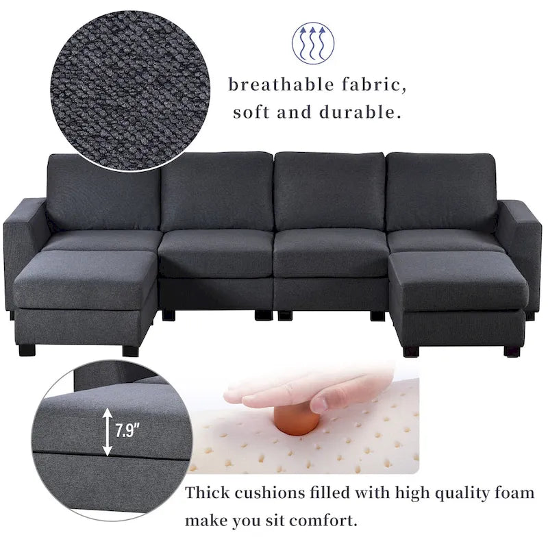 Divano componibile a U grigio/beige con 2 pouf rimovibili, 6 posti a sedere