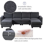 Divano componibile a U grigio/beige con 2 pouf rimovibili, 6 posti a sedere