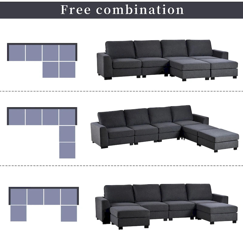 Divano componibile a U grigio/beige con 2 pouf rimovibili, 6 posti a sedere