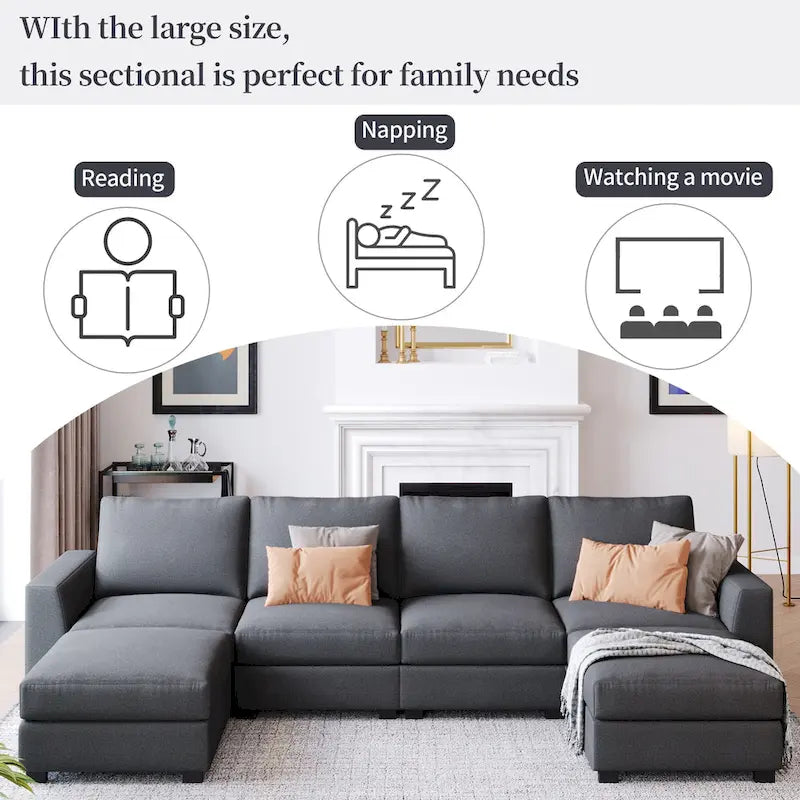 Divano componibile a U grigio/beige con 2 pouf rimovibili, 6 posti a sedere