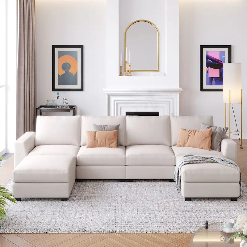 Divano componibile a U grigio/beige con 2 pouf rimovibili, 6 posti a sedere