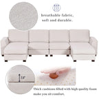Divano componibile a U grigio/beige con 2 pouf rimovibili, 6 posti a sedere
